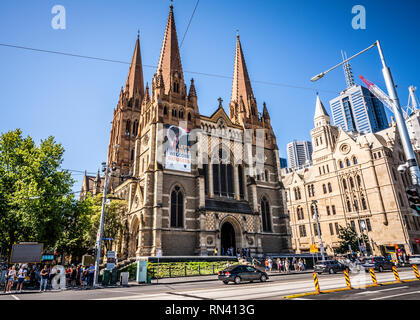 2nd January 2019, Melbourne Australia : Street view of the facade of St Paul's Cathedral an Anglican Gothic Revival church in Melbourne Victoria Austr Stock Photo