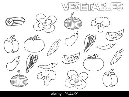 Hand drawn vegetables set. Coloring book page template.  Outline doodle vector illustration. Stock Vector