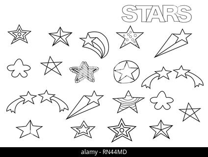 Hand drawn stars set. Coloring book page template.  Outline doodle vector illustration. Stock Vector