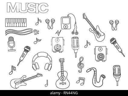 Set Of Musical Instrument Outlined Doodle Sketch In Black Color Over 