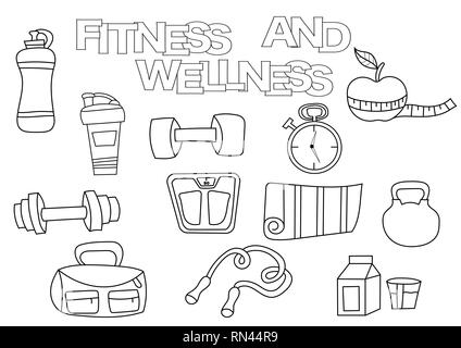 Hand drawn fitness and wellness set. Coloring book template.  Outline doodle elements vector illustration. Kids game page. Stock Vector