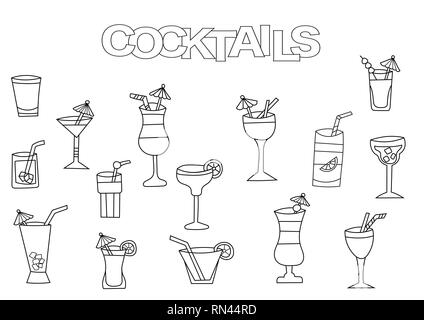 Hand drawn cocktails set. Coloring book template.  Outline doodle elements vector illustration. Kids game page. Stock Vector