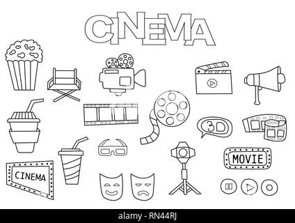 Hand drawn cinema set. Coloring book template.  Outline doodle elements vector illustration. Kids game page. Stock Vector