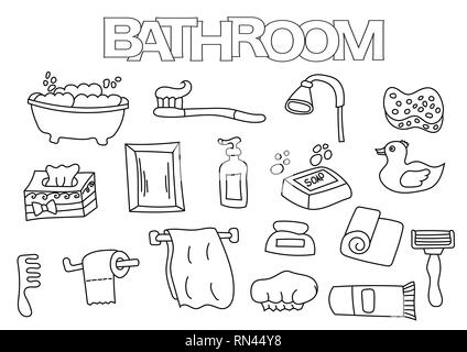 Hand drawn bathroom interior elements. Toilet and washbasin, bath and