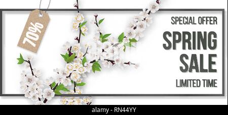 Spring sale frame blooming branches on white background. Stock Vector