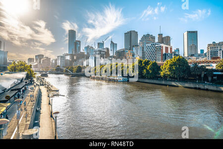 2nd January 2019, Melbourne Australia : Yarra river view in central Melbourne with riverbank promenade and Melbourne CBD skyline in Victoria Australia Stock Photo