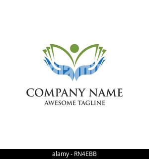 abstract logo with hand graphics and book. education symbol. vector logo template ready for use Stock Vector
