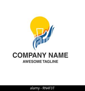 abstract bulb lamp with hand care logo. health care innovation symbol. logo template ready for use Stock Vector