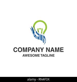 abstract bulb lamp with hand care logo. health care innovation symbol. logo template ready for use Stock Vector