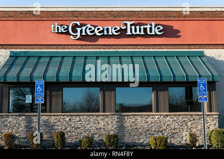 A logo sign outside of a The Green Turtle restaurant location in Dulles, Virginia on February 14, 2019. Stock Photo