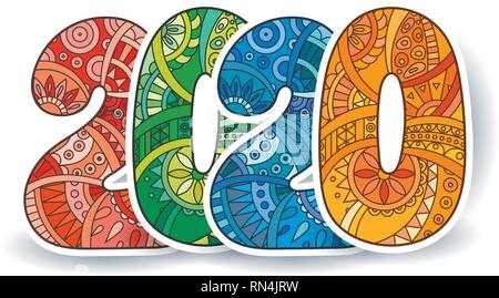 Happy New Year 2020 celebration number. Vector Xmas illustration in zentangle. Christmas background. Stock Vector