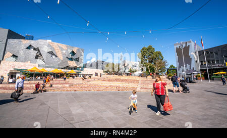 2nd January 2019, Melbourne Australia : Federation square wide angle view in Melbourne Victoria Australia Stock Photo
