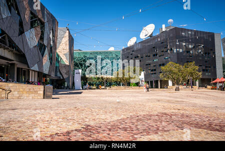 2nd January 2019, Melbourne Australia : Federation square view with ACMI building in centre in Melbourne Victoria Australia Stock Photo