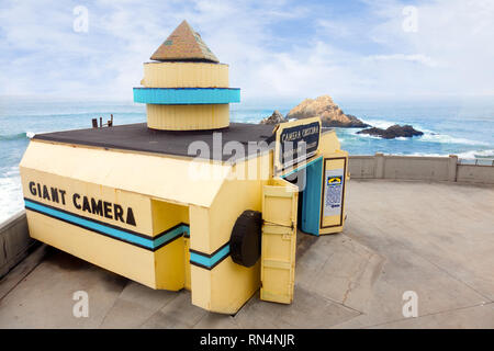 SAN FRANCISCO-The Giant Camera overlooks the sea at Ocean Beach. A tourist attraction since 1946, it is on the National Register of Historic Places. Stock Photo