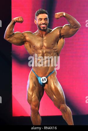 Kathmandu, Nepal. 16th Feb, 2019. A bodybuilder poses during the Qualify round of International Federation of BodyBuilding & Fitness (IFBB) Professional League competition in Kathmandu. Nepal host the first ever Pro Qualifier tournament of IFBB Professional League. About 20 body builders from India, Qatar, Iran, Syria, Saudia Arabia, UAE and Nepal participate in the various events in tournament. Credit: Archana Shrestha/Pacific Press/Alamy Live News Stock Photo