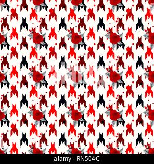 Hounds-tooth seamless vector patternwit red flower. Geometric print in black and white color . Classical English background Glen plaid Glenurquhart ch Stock Vector