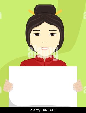 Vector flat illustration of a Asian woman with a placard in her hands. Racial diversity. Stock Vector