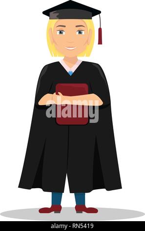 Vector flat illustration with a girl graduate in a cap and gown. Stock Vector