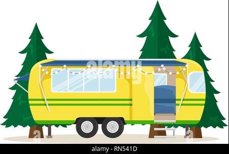 Retro house on wheels for traveling. Car travel. Vector flat illustration. Motorhome with lights. Stock Vector