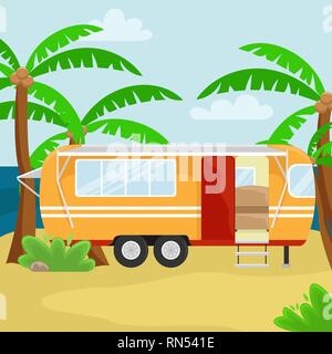 Retro house on wheels for traveling. Car travel in the tropics. Vector flat illustration. Motorhome Stock Vector