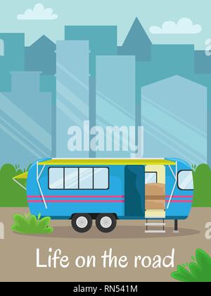 Retro house on wheels for traveling. Car travel. Vector flat illustration. Motorhome in the city. Life on the road. Stock Vector