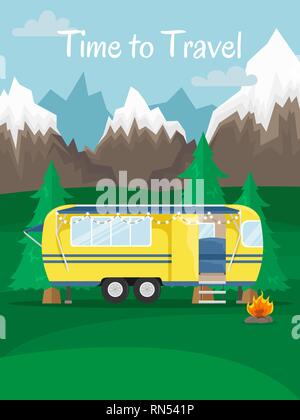 Retro house on wheels for traveling. Car travel. Vector flat illustration. Motorhome in the mountains. Time to travel. Stock Vector