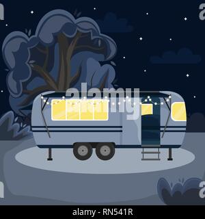 Retro house on wheels for traveling. Car travel. Vector flat illustration. Motorhome in the night forest. Stock Vector