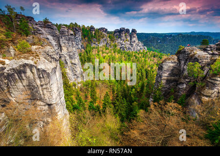 Beautiful travel destination in Saxon Switzerland. Beautiful high rock formations and green forest, Bastei bridge, Germany, Europe Stock Photo