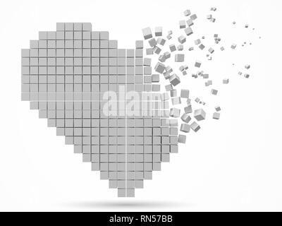 heart shaped, dissolving data block. made with cubes. 3d pixel style vector illustration. Stock Vector