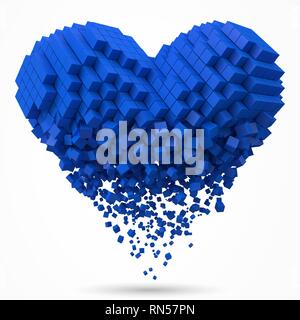 heart shaped, dissolving data block. made with cubes. 3d pixel style vector illustration. Stock Vector
