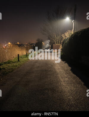 Foggy country road lit by street lamp during fog Stock Photo