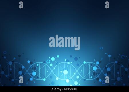 DNA strand and molecular structure. Genetic engineering or laboratory research. Background texture for medical or scientific and technological design Stock Vector