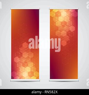 Roll up banner stands with abstract geometric background of hexagons pattern. Stock Vector