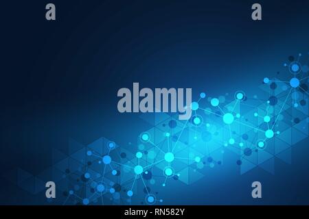 Abstract geometric texture with molecular structures and neural network. Molecules DNA and genetic research. Plexus background. Vector illustration Stock Vector