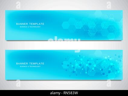 Vector banners and headers for site with molecules background and neural network. Genetic engineering or laboratory research. Abstract geometric Stock Vector