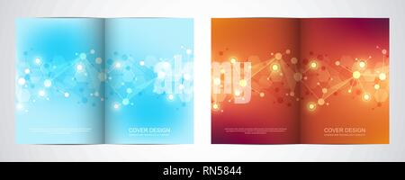 Vector template for brochure or cover with molecular structure background and connected lines and dots. Medicine, science and digital technology Stock Vector