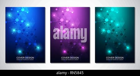 Vector template for cover or brochure, with molecules background and neural network. Abstract geometric background of connected lines and dots