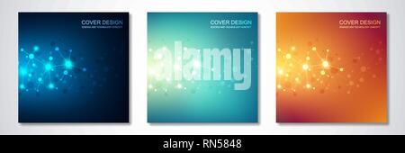 Vector template for cover or brochure, with molecules background and neural network. Abstract geometric background of connected lines and dots Stock Vector