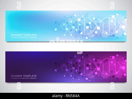 Vector banners and headers for site with DNA strand and molecular structure. Genetic engineering or laboratory research. Abstract geometric texture Stock Vector