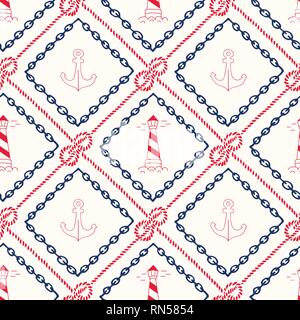 Hand-Drawn Chain and Rope Frames with Anchors, Lighthouses and Seppelin Bend Nautical Knots Vector Seamless Pattern.Blue and Red Marine Background. Se Stock Vector