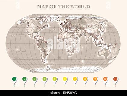 Physical map of the World with outlines, major capitals, infographic Stock Vector