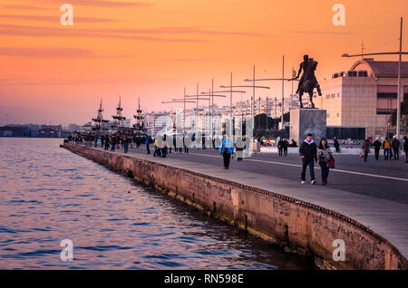 Nikis avenue the central waterfront avenue  in Thessaloniki where situated the statue of Alexander the great. Stock Photo