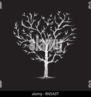 Heart Tree chalk sketched - white on black Stock Vector