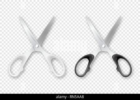 Vector 3d Realistic White and Black Metal Opened Stationery Scissors with Plastic Handles Icon Set Closeup Isolated. Design Template of Classic Stock Vector