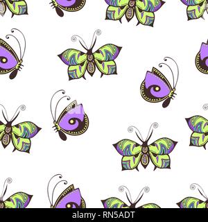 Abstract butterflies seamless pattern, hand drawing, textile print, vector illustration. Patterned colorful pastel insect with wings on white backgrou Stock Vector