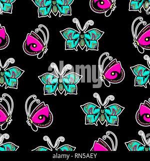 Abstract butterflies seamless pattern, hand drawing, textile print, vector illustration. Patterned colorful bright insect with wings and white stroke  Stock Vector