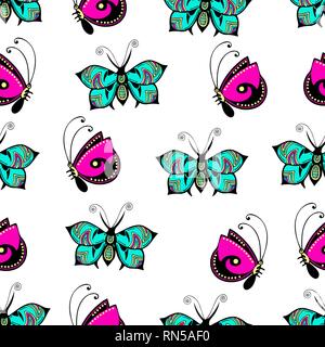 Abstract butterflies seamless pattern, hand drawing, textile print, vector illustration. Patterned colorful pastel insect with wings on white backgrou Stock Vector