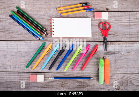 assortment of school supplies of different colors Stock Photo