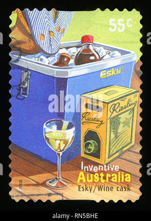 AUSTRALIA - CIRCA 2009 : a stamp printed in Australia shows australian inventions esky wine cask, circa 2009. Stock Photo