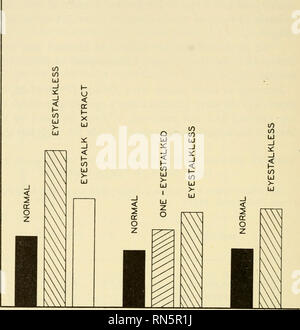 . Animal hormones; a comparative survey. Hormones. 180 METABOLIC HORMONES which probably regulate the release of hormone into the blood, the crab, Gecarcinus lateralis, loses &quot;its normal ability to vary the type and rate of metabolism&quot;. Indications of this are seen in a O 0.12- 0.10- 008- 0.06- 0.04- 0.02-. PUGILATOR WOODS HOLE PUGILATOR (FLORIDA] PUGNAX Fig. 5-6. Effects of eyestalk removal and subsequent injection of eyestalk extract on the average rate of daytime oxygen consump- tion of two fiddler crabs, Uca pugilator and U. pugnax, over a period of some weeks after treatment. Re Stock Photo